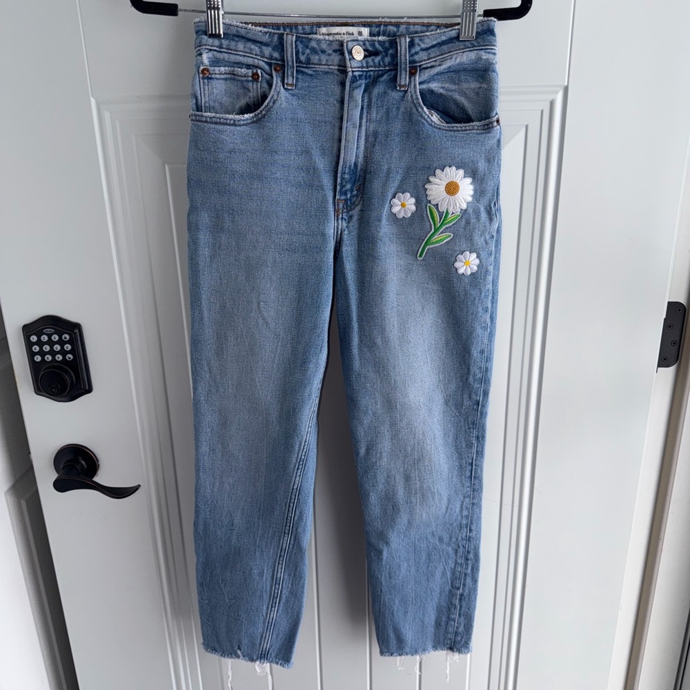 Abercrombie & Fitch Light Blue Straight Leg Jeans with Daisy Embroidery